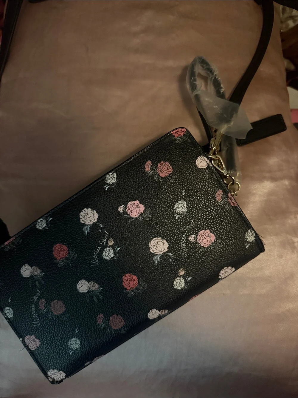 Victoria secret Emblem Floral Crossbody Bag in Black with Pink Rose Print